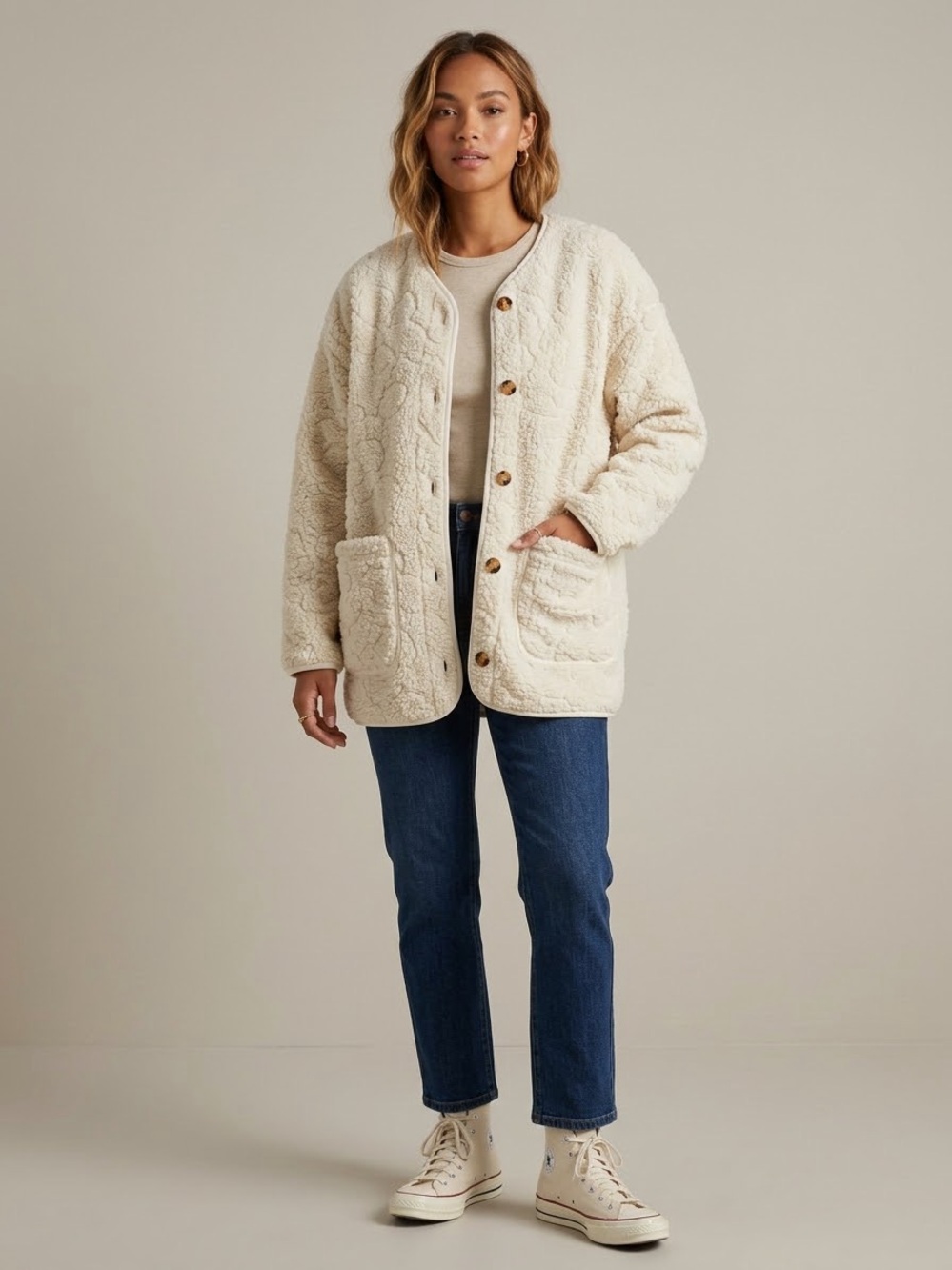 Billabong Cream Floral Quilted Sherpa Fleece Button Down Jacket Small